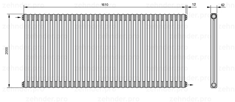 Схема (чертеж) Радиатор Zehnder Charleston 2200/35 №1670 Белый глянцевый RAL 9016